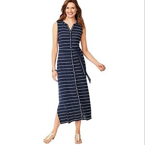 Talbots Navy Blue White Striped Sleeveless Maxi Dress V-neck Button Down Sz XLp